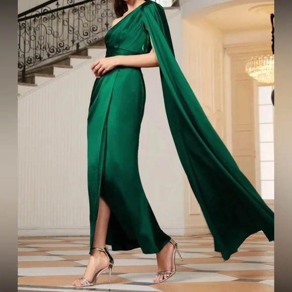 Luxe one shoulder party formal evening wedding prom satin dress